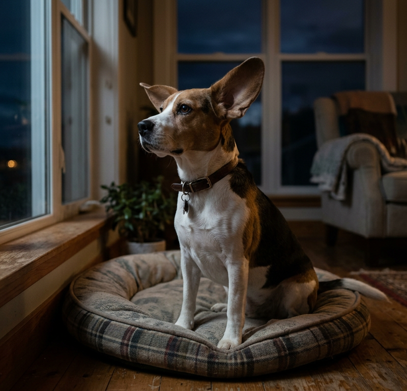 A Beagle sitting alert on a dog bed in a dark living room at night.