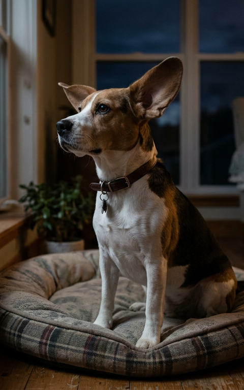 A Beagle sitting alert on a dog bed in a dark living room at night.