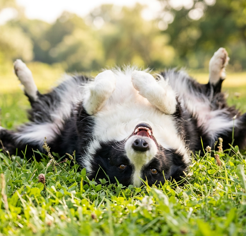 A happy Border Collie lying on its back in green grass showing its belly.