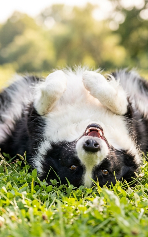 A happy Border Collie lying on its back in green grass showing its belly.