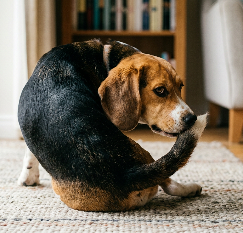 A concerned Beagle focusing on and biting the area where its tail meets its back indoors.
