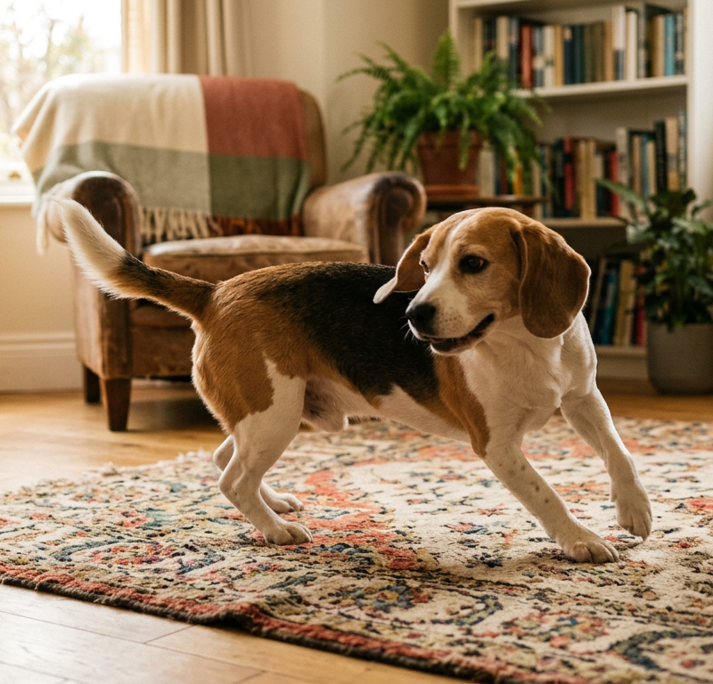 A Beagle dog spinning in a tight circle on a soft rug in a sunlit living room.