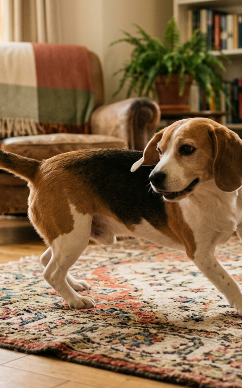 A Beagle dog spinning in a tight circle on a soft rug in a sunlit living room.