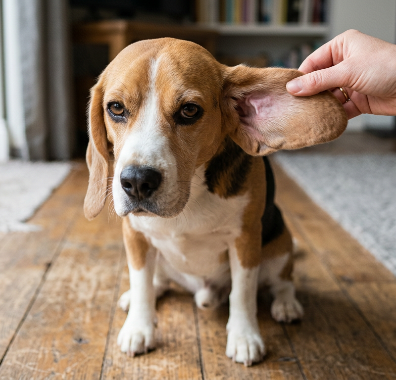 A brown Beagle sitting calmly while a person gently lifts its floppy ear to inspect the clean interior.