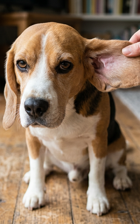 A brown Beagle sitting calmly while a person gently lifts its floppy ear to inspect the clean interior.