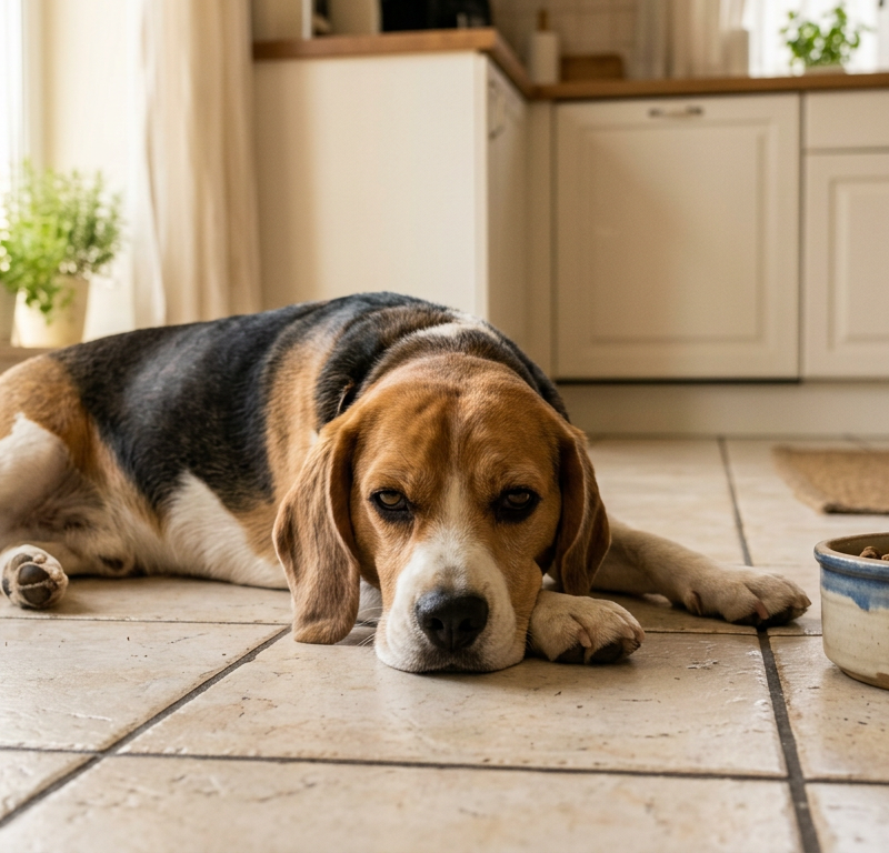 A Beagle lying on a cool kitchen floor during summer with a half-full food bowl nearby.