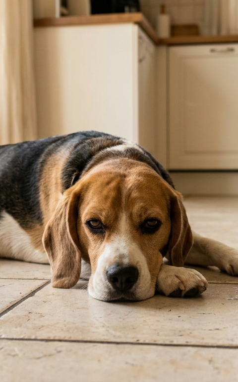 A Beagle lying on a cool kitchen floor during summer with a half-full food bowl nearby.