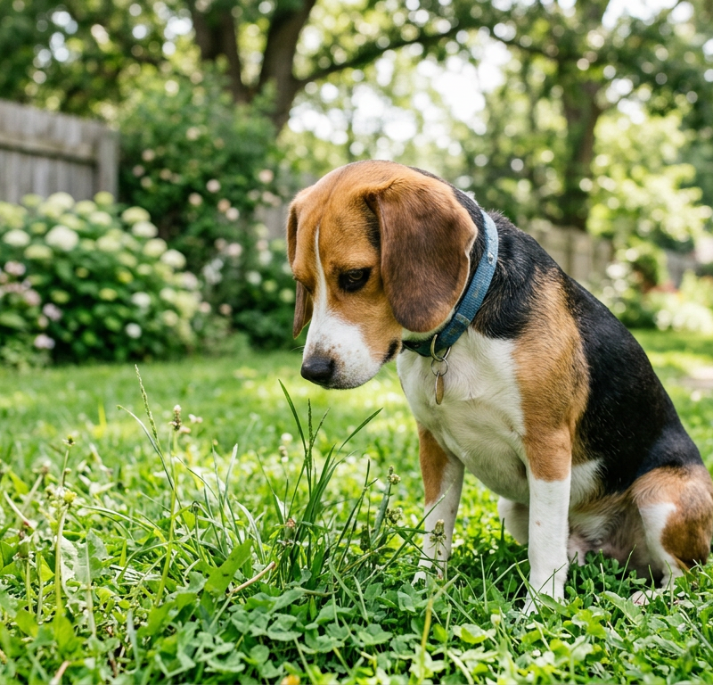 A confused Beagle sitting in a green backyard looking at the grass during a sunny afternoon.