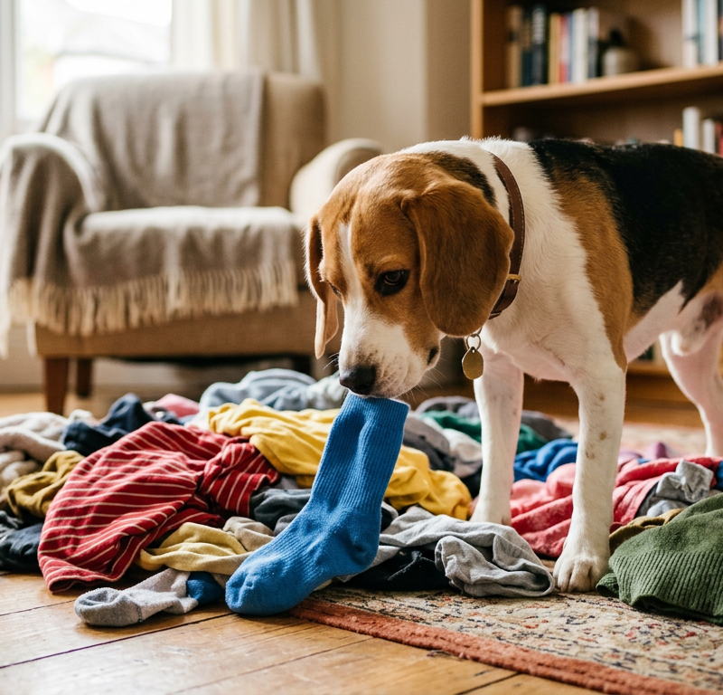 A curious Beagle sniffing a pile of laundry on a bedroom floor with a playful expression.