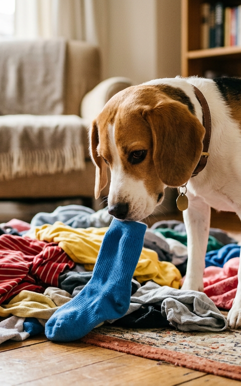 A curious Beagle sniffing a pile of laundry on a bedroom floor with a playful expression.