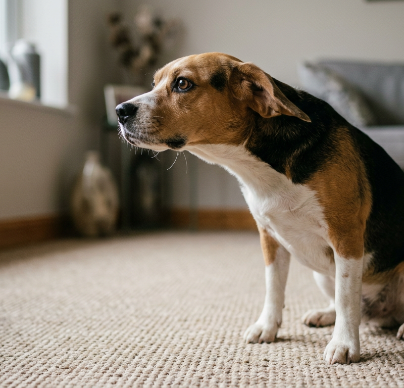 A worried Beagle dog sitting on a living room rug, stretching its neck and appearing to gulp air.