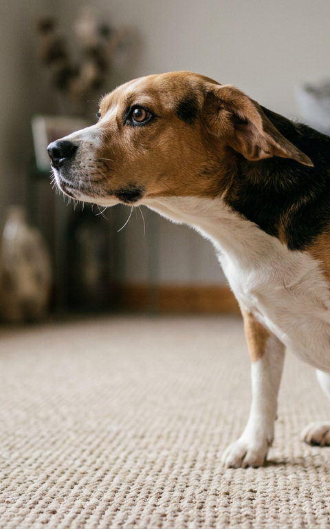 A worried Beagle dog sitting on a living room rug, stretching its neck and appearing to gulp air.