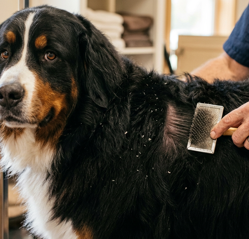 A professional groomer brushing a fluffy Bernese Mountain Dog to remove visible white flakes from its dark coat.