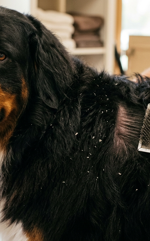 A professional groomer brushing a fluffy Bernese Mountain Dog to remove visible white flakes from its dark coat.