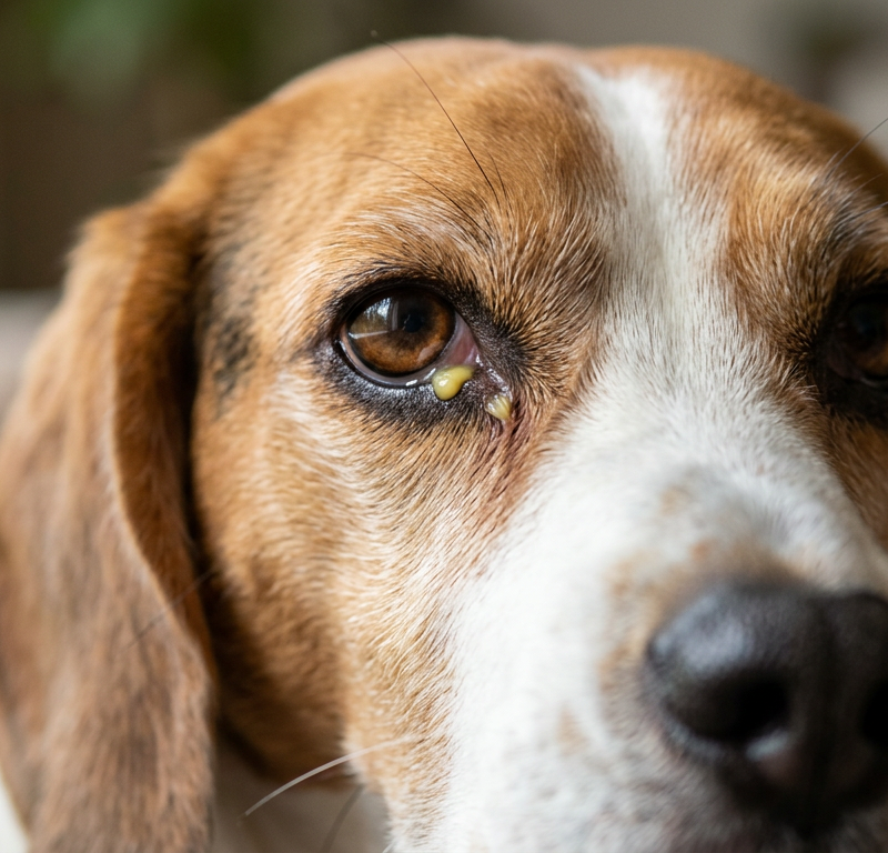 A close-up of a Beagle's eye with mild yellow discharge in the corner, looking concerned.