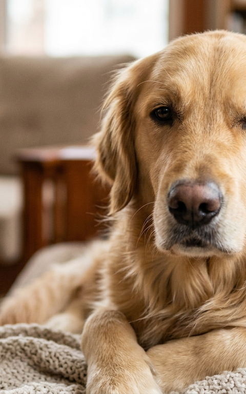A close up of a calm Golden Retriever sitting indoors with one eye gently closed and one eye open.