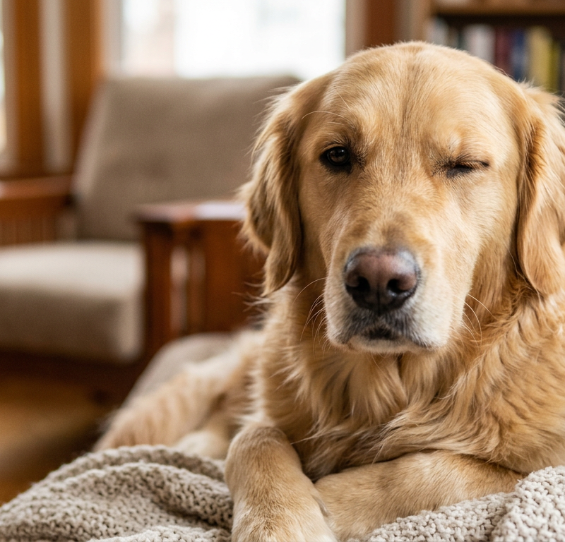 A close up of a calm Golden Retriever sitting indoors with one eye gently closed and one eye open.