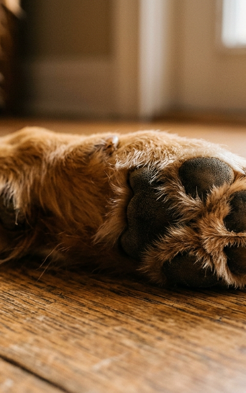 A close up of a dog's paw resting on a clean floor showing healthy skin between toes.