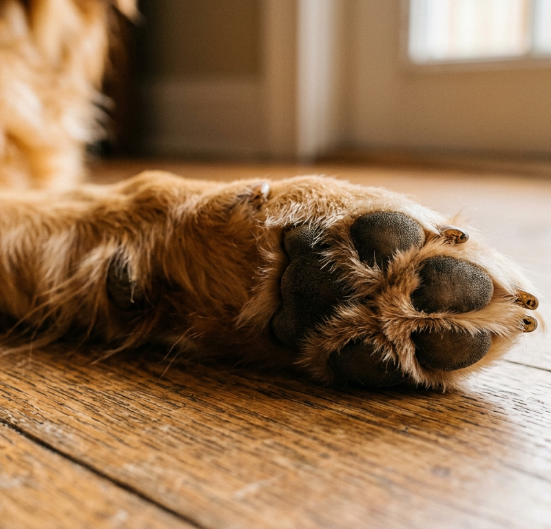 A close up of a dog's paw resting on a clean floor showing healthy skin between toes.