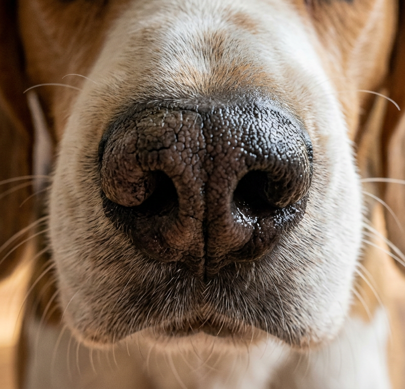 A close-up of a Beagle's nose showing dryness and mild cracking on the left side while the right side remains moist.