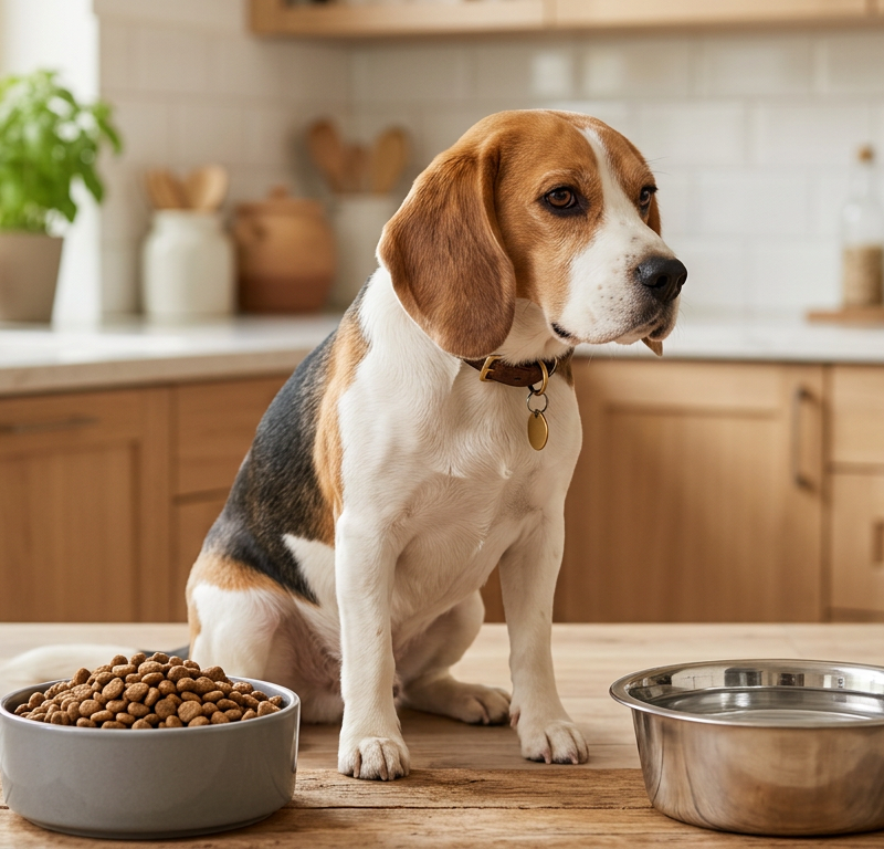 A concerned Beagle sitting next to a full food bowl but looking at a water dish in a sunny kitchen.