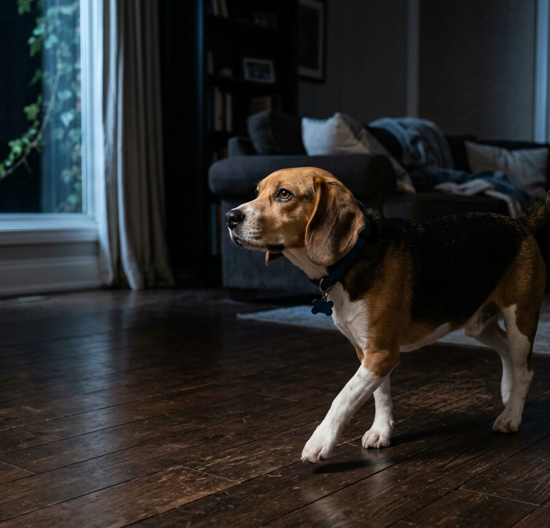 A restless Beagle dog walking across a dark hardwood floor in a dimly lit living room at night.