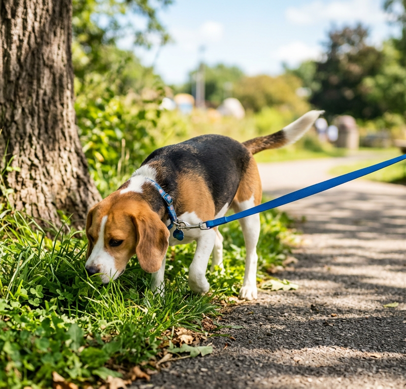 A Beagle walking on a leash in a suburban park, looking back after finishing its first bathroom break.