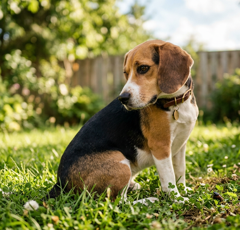 A Beagle sitting in a grassy backyard looking curious after going to the bathroom.
