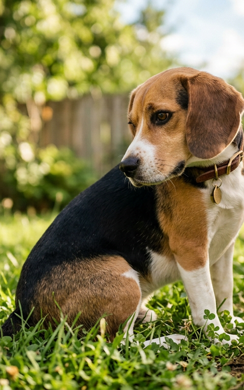 A Beagle sitting in a grassy backyard looking curious after going to the bathroom.