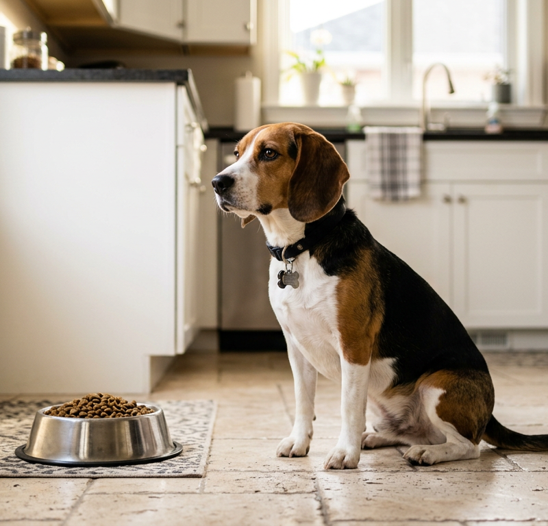 A healthy Beagle sitting calmly next to a full bowl of dog food looking away with a neutral expression.