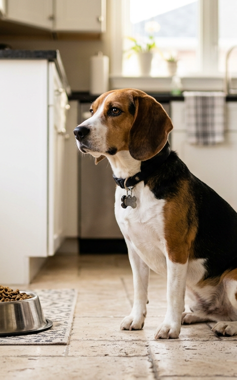 A healthy Beagle sitting calmly next to a full bowl of dog food looking away with a neutral expression.