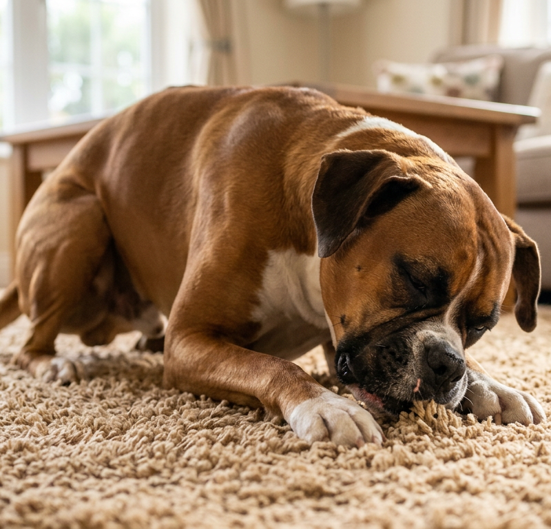 A brown Boxer dog enthusiastically rubbing its face against a tan living room carpet.