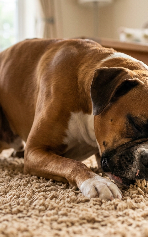 A brown Boxer dog enthusiastically rubbing its face against a tan living room carpet.