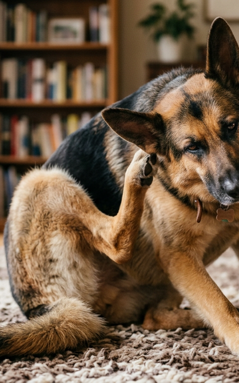 A brown Spaniel dog sitting on a rug and scratching its ear with a back paw.