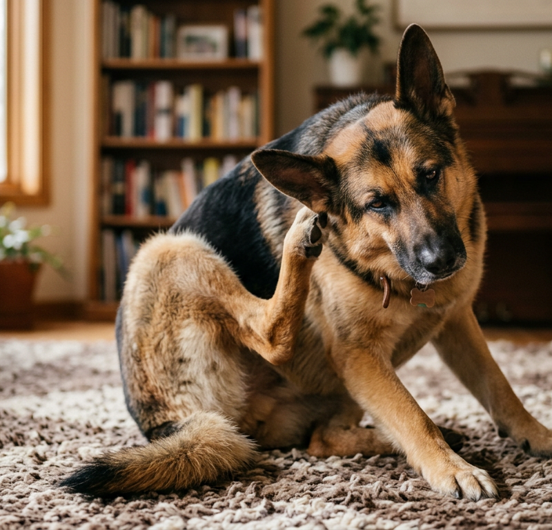 A brown Spaniel dog sitting on a rug and scratching its ear with a back paw.