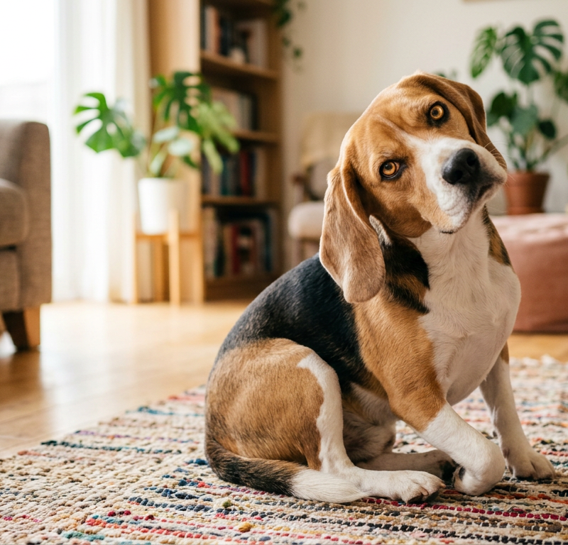 A confused Beagle tilting its head significantly to one side in a bright living room.