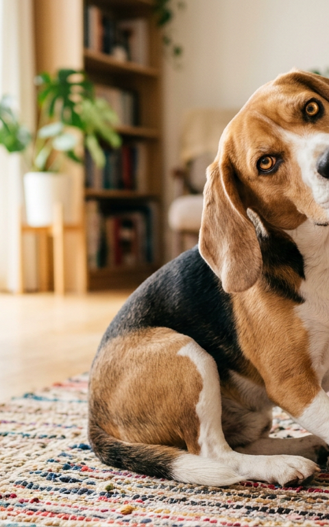 A confused Beagle tilting its head significantly to one side in a bright living room.