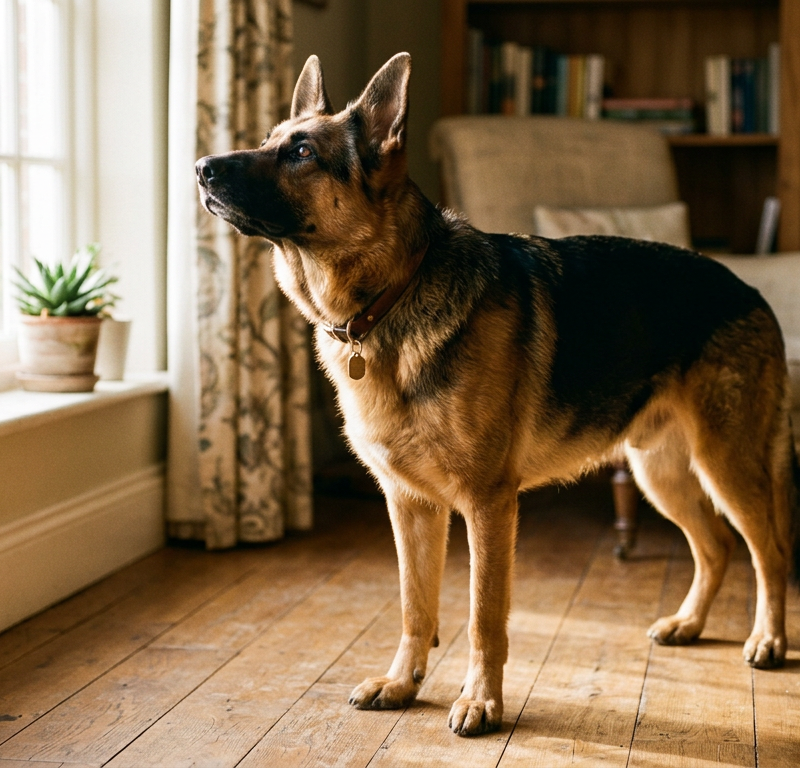 A focused German Shepherd standing in a living room, nose tilted upward sniffing the air with ears pricked forward.