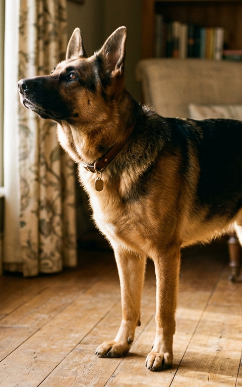 A focused German Shepherd standing in a living room, nose tilted upward sniffing the air with ears pricked forward.