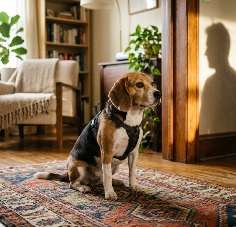 A worried Beagle sitting on a rug looking cautiously at a person standing in the doorway of a living room.