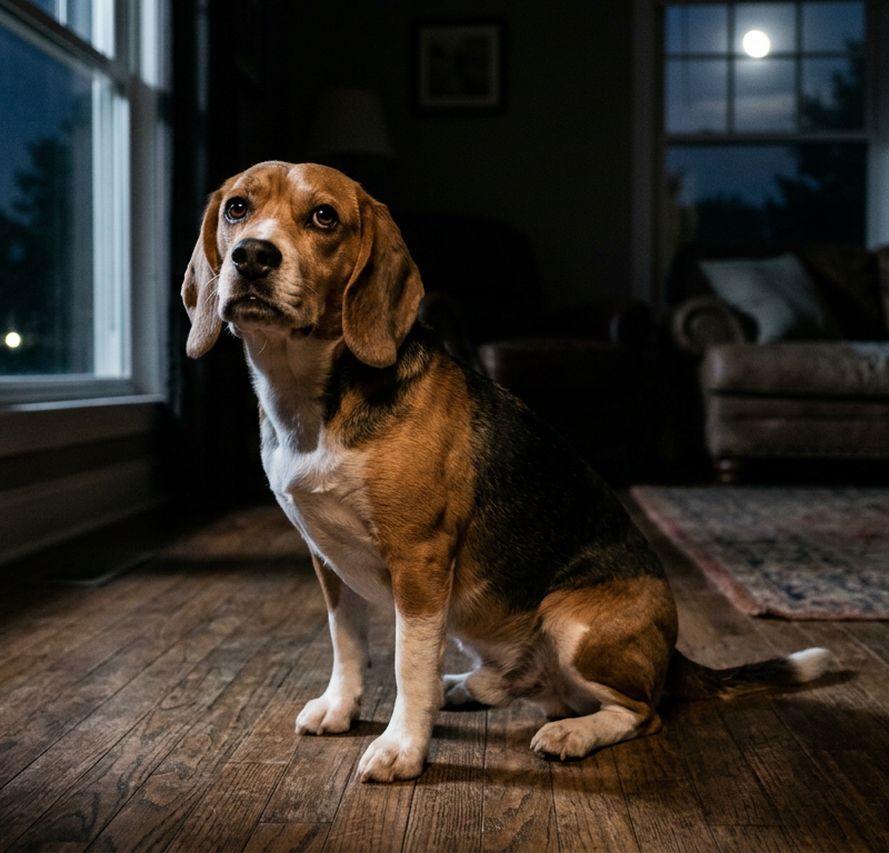 A confused Beagle sitting next to a rug in a dimly lit living room at night.