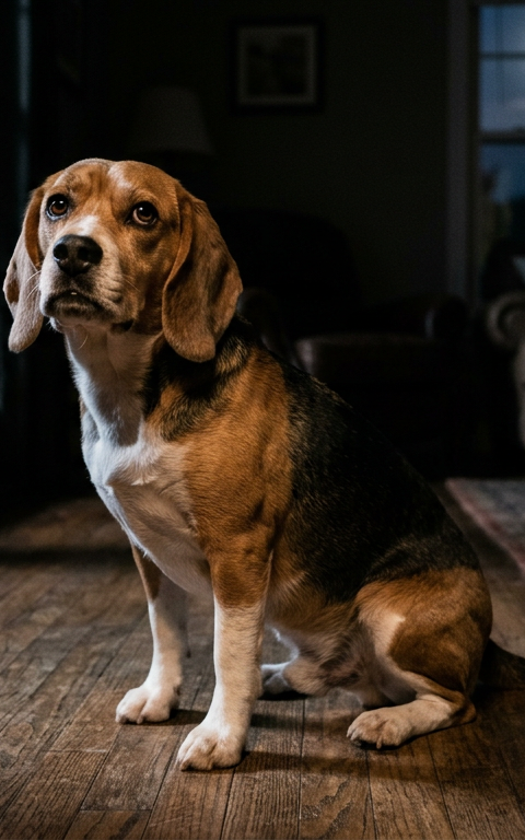 A confused Beagle sitting next to a rug in a dimly lit living room at night.