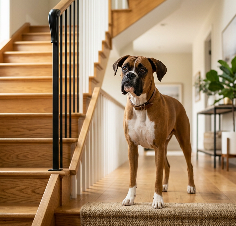 A worried Boxer dog standing at the bottom of a wooden staircase looking up with hesitation.