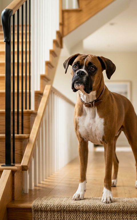 A worried Boxer dog standing at the bottom of a wooden staircase looking up with hesitation.