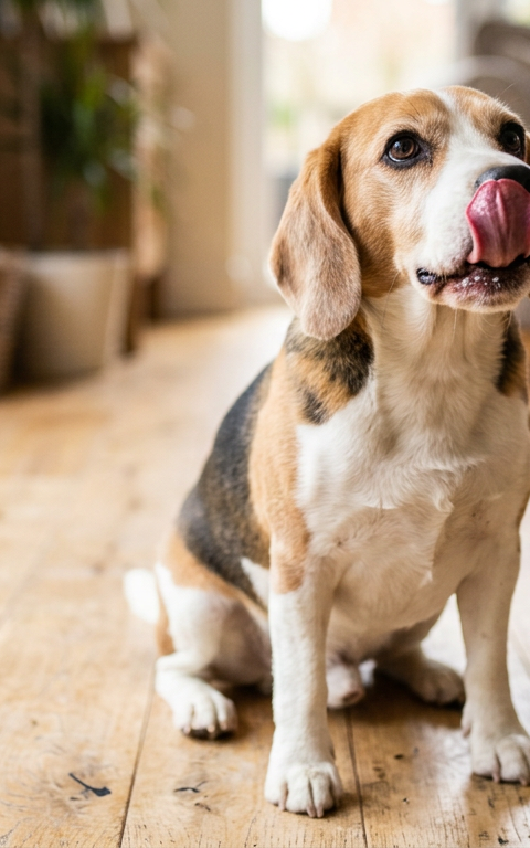 A curious Beagle sits on a wooden floor licking its lips while looking up at its owner.