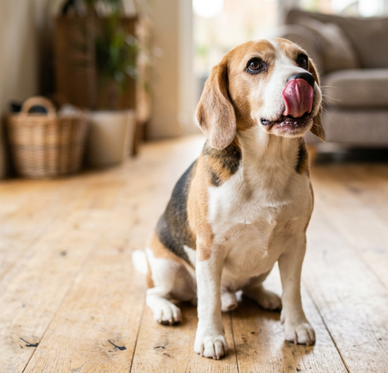 A curious Beagle sits on a wooden floor licking its lips while looking up at its owner.