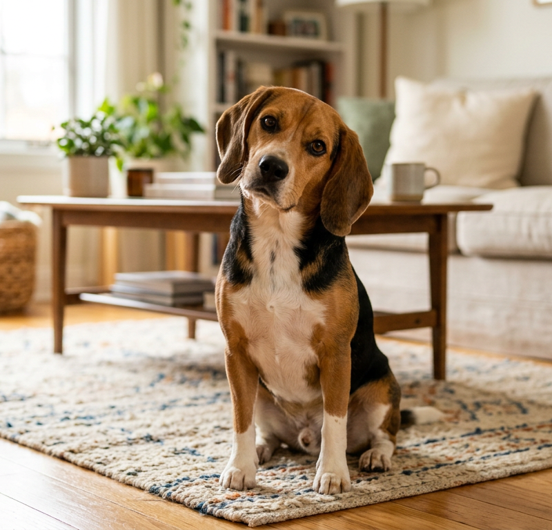 A Beagle tilting its head to the side while looking curiously at the camera in a living room.