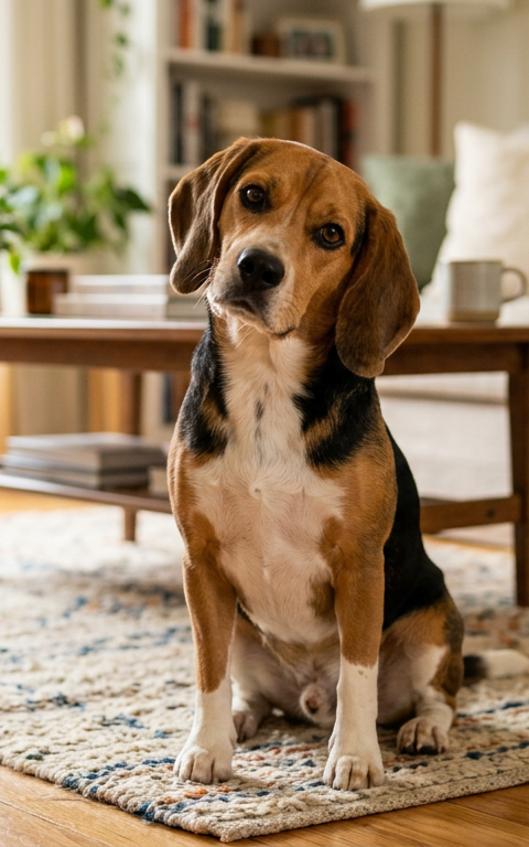 A Beagle tilting its head to the side while looking curiously at the camera in a living room.