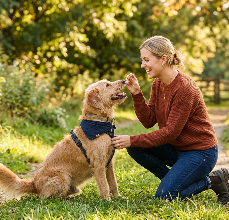 A happy person giving a treat to their dog during a positive reinforcement training session outdoors.