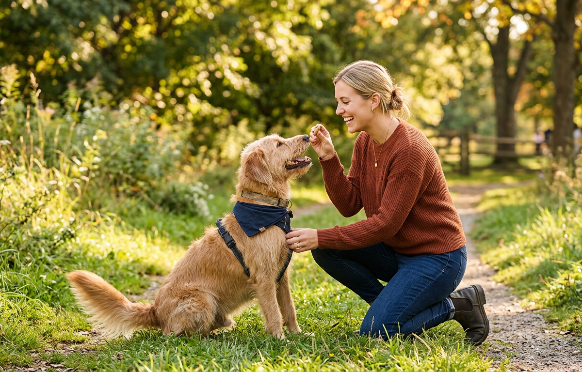 A happy person giving a treat to their dog during a positive reinforcement training session outdoors.